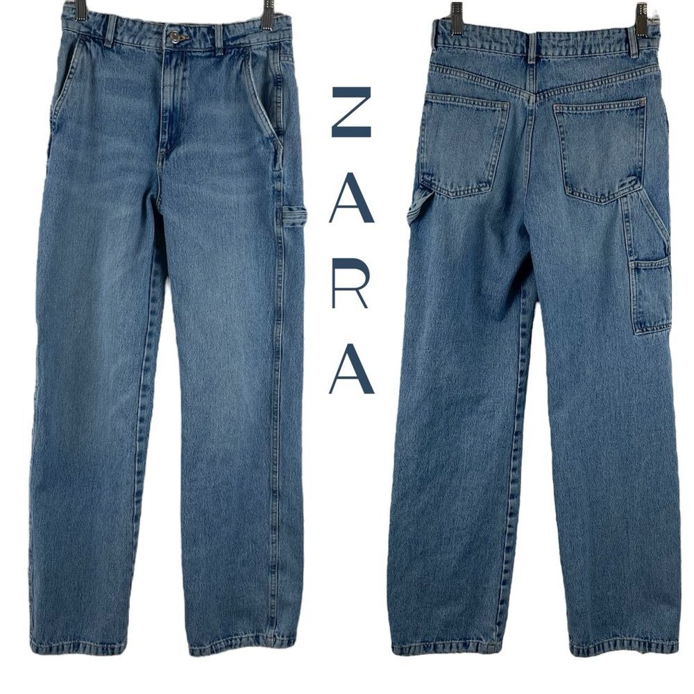 Zara Blue High Rise Straight Leg Cargo Jeans Size 4